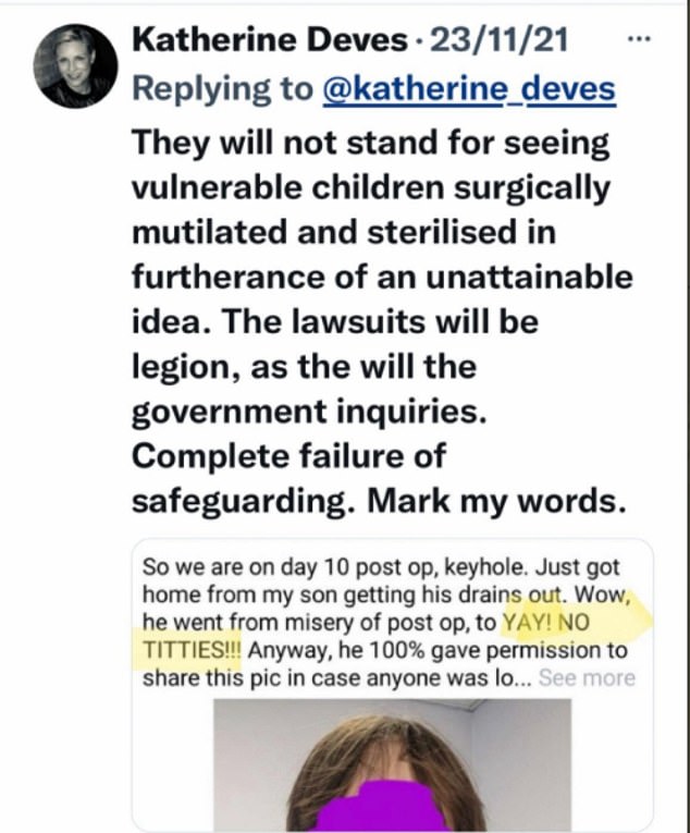 This is the tweet in which Ms Deves made her controversial comments about transgender teenagers. She shared a picture of a trans American teenager who had just had breasts removed and wrote: 'This photo just hit my feed. It is beyond heartbreaking.'