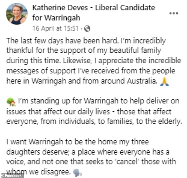 Katherine Deves broke her silence on Saturday to admit the controversy had taken a toll on her