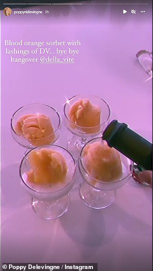 Hair of the dog: Her hangover cure after a wild Sunday night at the festival was blood orange sorbet and in a pool of Prosecco