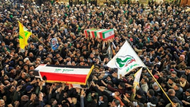 People mourn next to the coffins of slain Abu Mahdi al-Muhandis and Qasem Soleimani during a funeral procession in Najaf, Iraq, 04 January 2026  Trump: Iran ‘standing down’ after missile strikes  110428383 mediaitem110428382